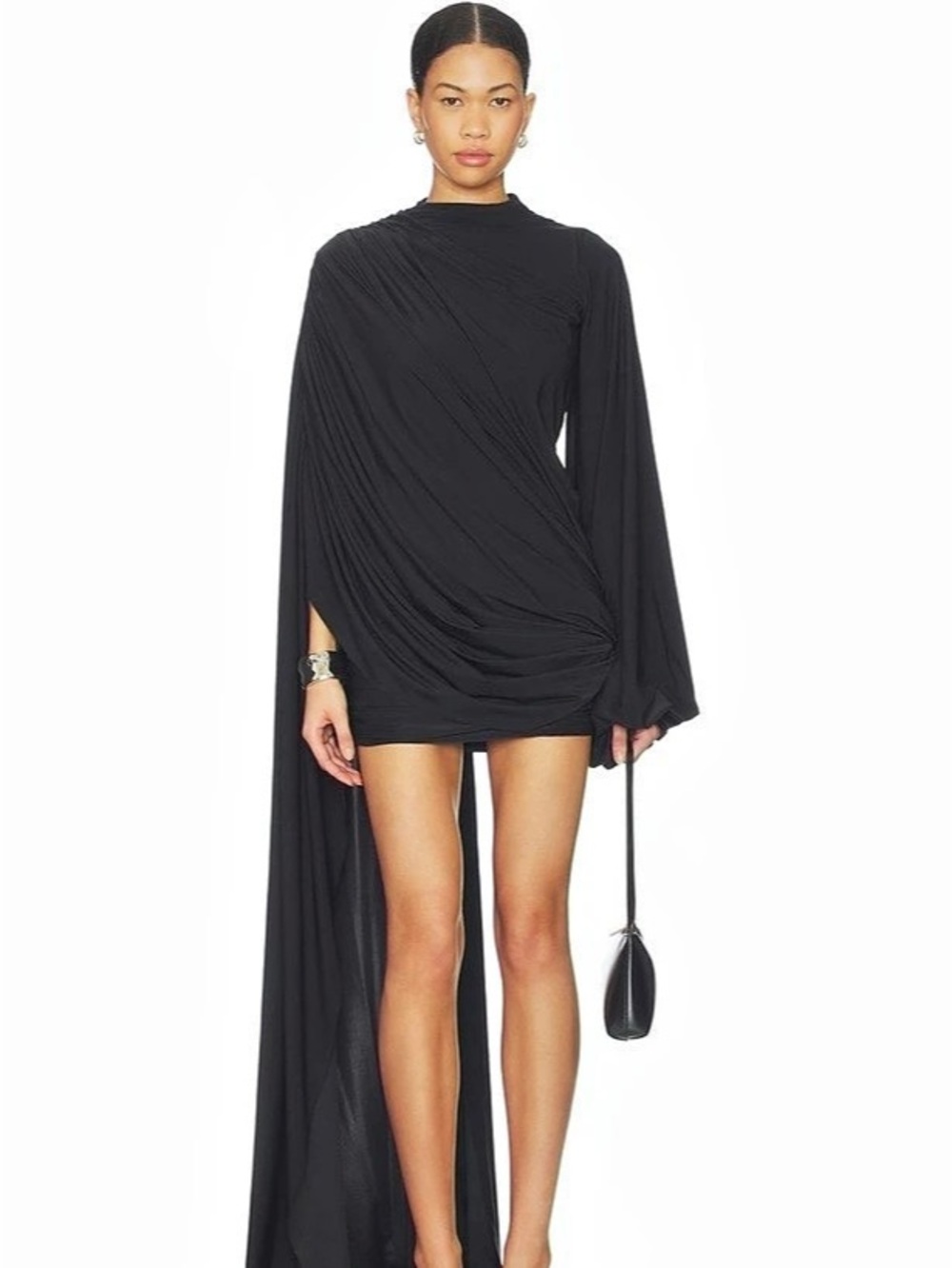 Norma Kamali Long Sleeve Crew Neck Turtle Mini Dress with Drape Mini Dress Black